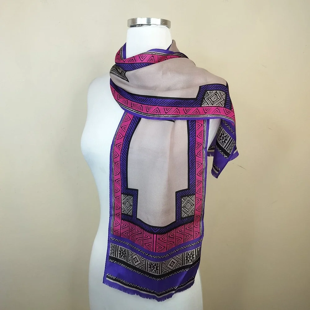 Oscar de la Renta Silk Scarf 51x10 Geometric Tribal Bohemian Purple Pink Grey